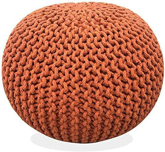 FRELISH DECOR Round Pouf Ottoman Hand Knitted 100% Cotton Pouf Foot Stool Knitted Bean Bag - Floor Chair for Living Room Bedroom - Foot Rest for Couch (20 Diameter x 14 Height) - Pumpkin Orange