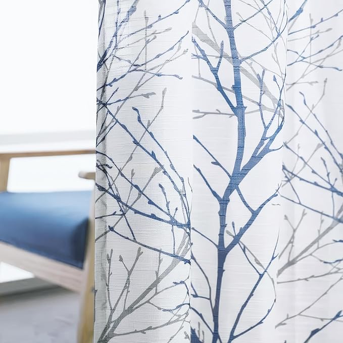 FMFUNCTEX Blue White Sliding Glass Door Curtain 84 Inches Long Branch Tree Print 100 Inch Extra Wide Linen Semi Sheer White Grommet Curtain for Living Room Patio Door Room Divider Curtain 1 Panel