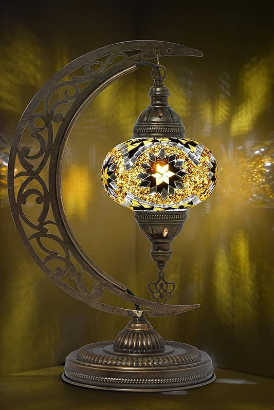 mozaist Turkish Lamp, Moon Shaped Mosaic Table Lamp, Tiffany Desk Bedside Stained Glass Lamp with US Plug and E12 Socket