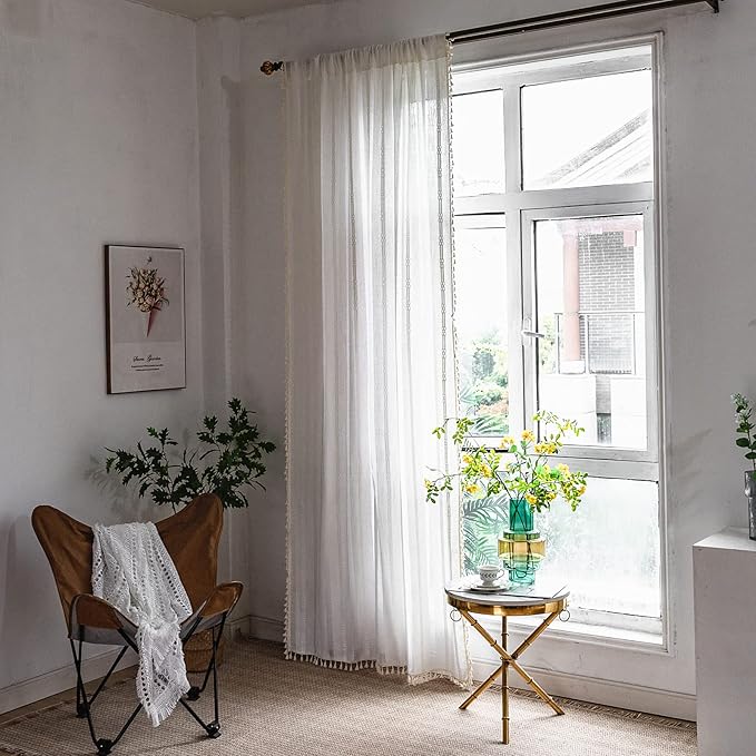 Sutuo Home Boho Curtain for Bedroom 84 Inch Length, Light Filtering Country Farmhouse Vintage Shabby Chic Tassels Window Treatment Hollow Stripes Bohemian Embroidery Drape 1 Panel 52"W x 84"L, White