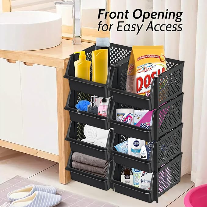 Skywin TidyFriend Stackable Storage Bins for Pantry, 4 Pack Stackable Bins For Organizing Food, Kitchen, and Bathroom Essentials (Black)