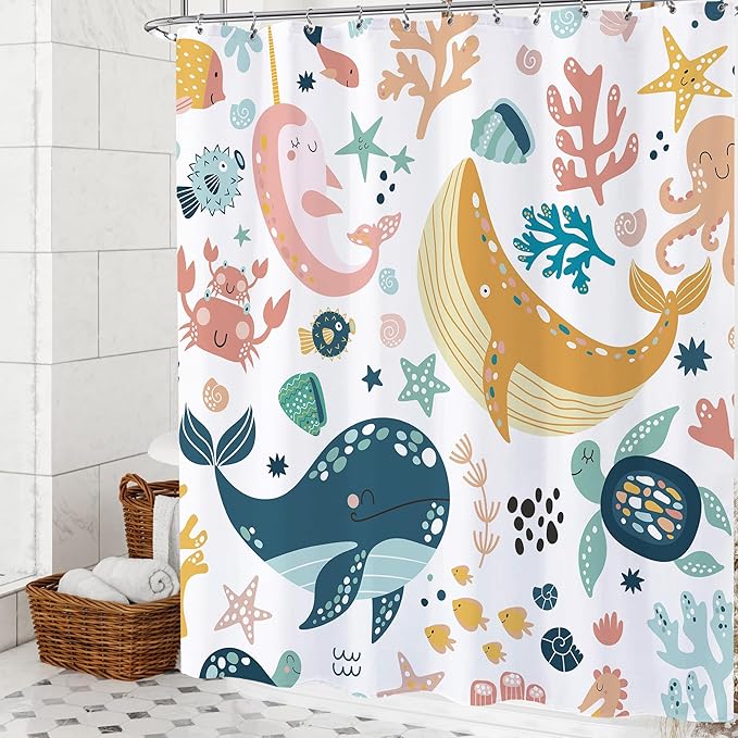 Kids Ocean Whale Shower Curtain 72x72 Sea Animal Cartoon Turtle Funny Underwater Shower Curtain for Bathroom Cute Fish Marine Sealife Starfish Bathtub Curtain Baby Boys Girls Bathroom Decor
