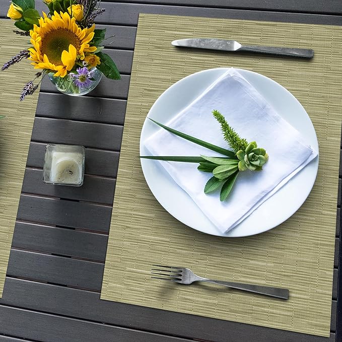 Winknowl Placemats Set of 8, Washable Vinyl Woven Place Mats Indoor and Outdoor Heat Stain and Water Resistant Elegant Plastic Table Mats for Kitchen Dining Table (Green)