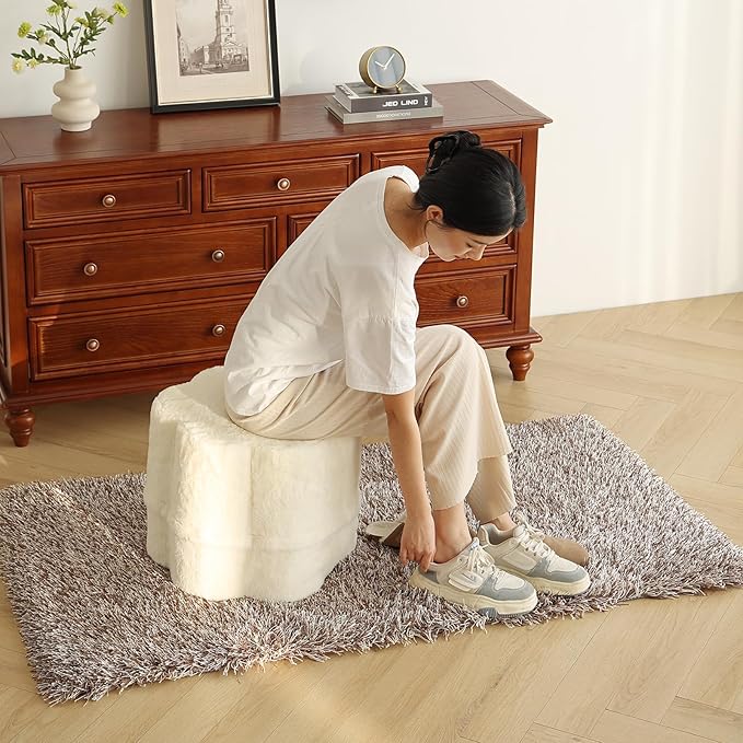 Tiita Floral Pouf Ottoman, Foot Stools Ottoman with Foam Chunk Filling, Puff Foot Rest for Couch, Living Room, Kids Room, Cream