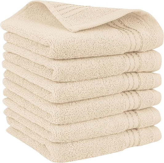Elegant Comfort Premium Turkish Cotton 6 Pack Washcloths Set - 13 x 13 inch, Luxurious Hotel Spa Quality 100% Turkish Cotton 6PC Washcloth Set - Highly Absorbent - Soft Bathroom Towels, Ivory