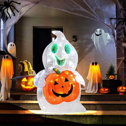 Halloween Ghost Decor, 128 LED Pre-Lit Ghost Halloween Decorations with Animated Eyes Cute Light Up Ghost Holding Pumpkin Glowing Ghosts Fall Decor for Outdoor, Indoor, Yard, Porch, Garden