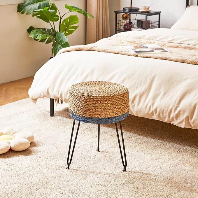 YMYNY Footstool Natural Seagrass Hand Weave, Vanity Makeup Stool, Pastoral Style, Padded Foot Rest with Metal Legs, Foot Rest Sofa Stool, for Living Room, 12.59"L×12.59"W×17.71"H Natural&Blue UHBD029Q