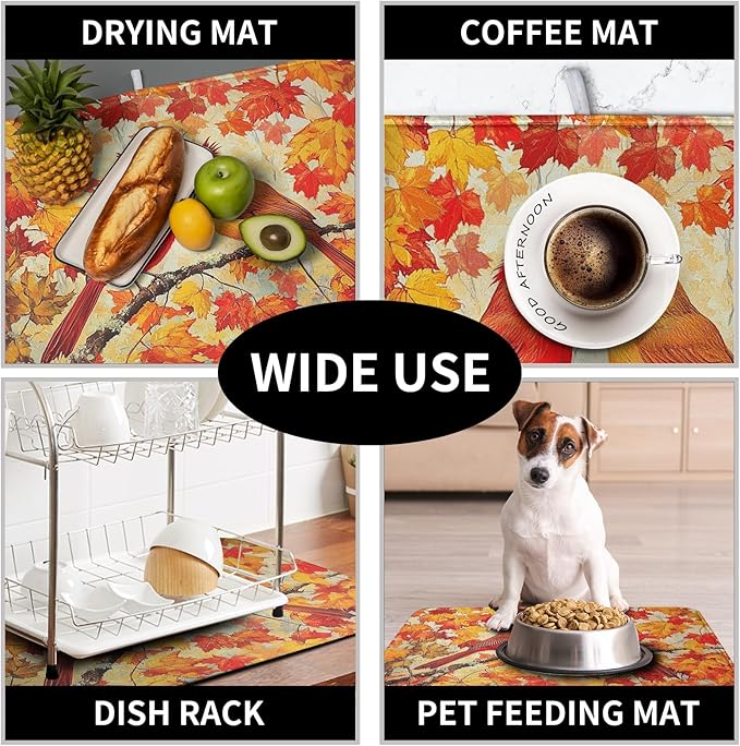 Fall Dish Drying Mats for Kitchen Counter Maple Leaf Cardinal Birds Dish Draining Mat 16x18 Inch Autumn Thanksgiving Dish Rack Mat Microfiber Absorbent Dish Drainer Pad