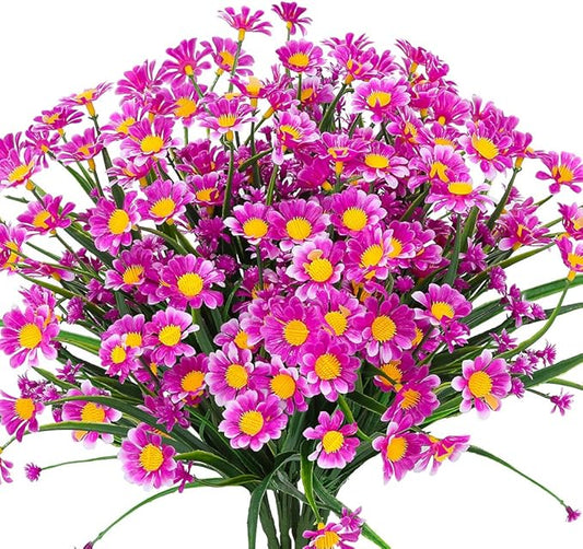 Artificial Daisies Flowers Outdoor UV Resistant 4 Bundles Fake Foliage Greenery Faux Plants Shrubs Plastic Bushes for Window Box Hanging Planter Farmhouse Indoor Outside Decor(Magenta)