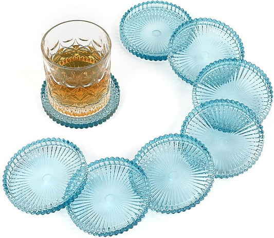 Modern Clear Coaster Set of 8- Glass Coasters for Drinks Crystal Coasters Round Cup Coasters Coffee Table Decor for Office, Kitchen, Bar, Dining Room, Living Room, Patio(Clear Blue)