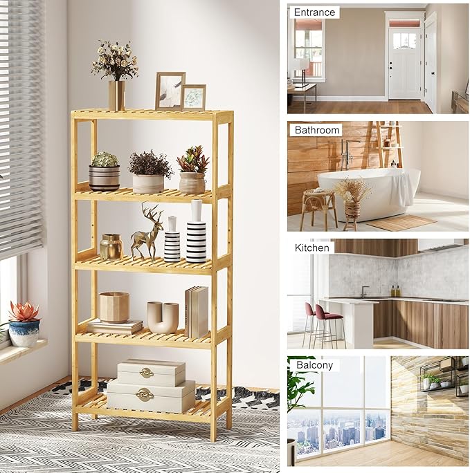 kinbor 5-Tier Bamboo Shelf Freestanding - Space-Saving Bathroom Standing Shelf & Plant Stand, 5 Shelf Bookcase for Kitchen, Living Room, Office (Natural Bamboo, Easy Assembly)