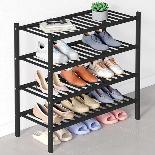 Smiry Bamboo Shoe Rack for Closet, 4 Tier Wooden Stackable Shoe Organizer, Free Standing Shoes Storage Shelf for Entryway, Front Door Entrance, Black