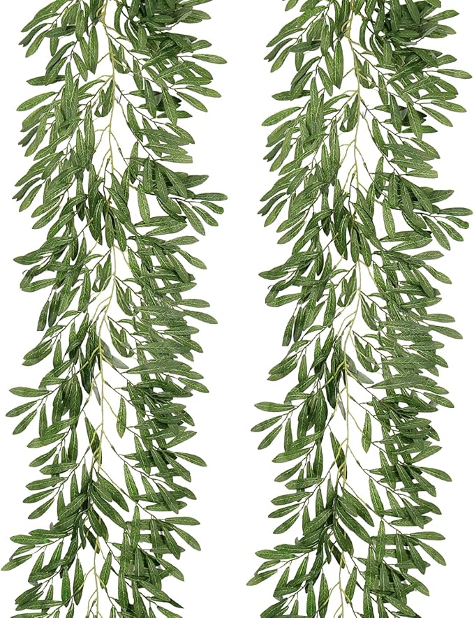 2Pcs Artificial Olive Leaves Garlands 6.2Ft-Fake Hanging Silk Willow Leaves Ivy Vines Faux Bayberry Leaves Twigs Greenery Rattan for Indoor Outdoor Wedding Birthday Party Home Garden Table Decor