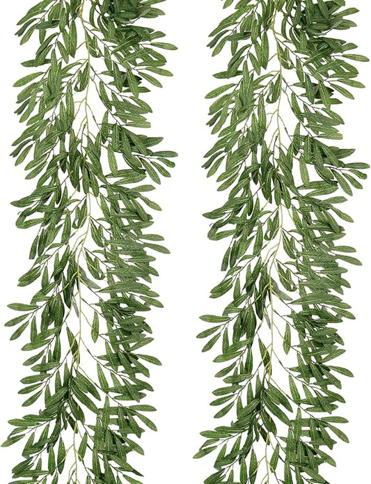 2Pcs Artificial Olive Leaves Garlands 6.2Ft-Fake Hanging Silk Willow Leaves Ivy Vines Faux Bayberry Leaves Twigs Greenery Rattan for Indoor Outdoor Wedding Birthday Party Home Garden Table Decor