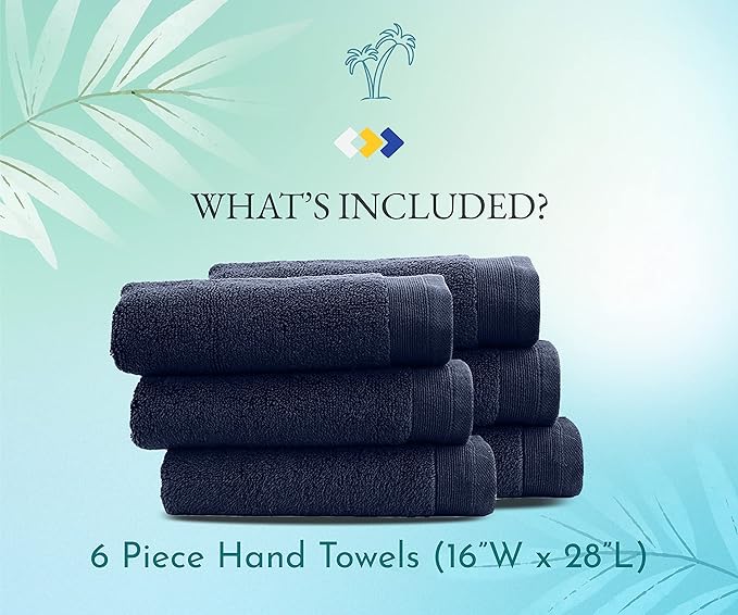 California Design Den Luxury 100% Cotton Hand Towels - Pack of 6, Extra Soft & Fluffy, Quick Dry & Highly Absorbent, Hotel Quality Towel Set for Gym, Salon, Spa & Home Care, Navy Blue - 16" x 28"