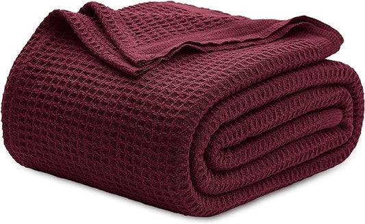 Bedsure 100% Cotton Blanket King Size for Bed - Breathable and Soft, Waffle Weave Blanket for Summer Spring, Burgundy Red, 104x90 inches