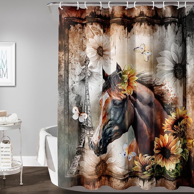 AILONEN Horse Shower Curtain,Sunflower Eiffel Tower Horse Bath Curtain,Retro Horse Polyester Waterproof with 12 Plastic Hooks 60" W*72" H