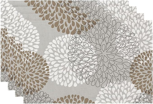 QIYI Boho Placemats Set of 4, 12x18 Inch Linen Fabric Place Mats for Kitchen Dinning, Farmhouse Rustic Floral Cloth Table Mats, Washable Placemat Party Table Décor, Brown Floral Burst