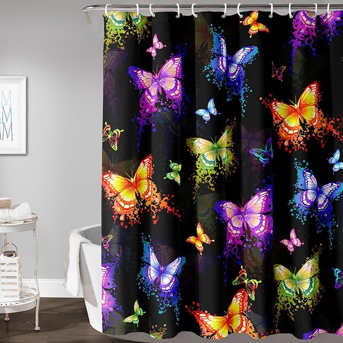 AILONEN Butterfly Shower Curtain for Bathroom, Colorful Butterfly Polyester Waterproof Bath Curtain,Modern Fashion Minimalist Shower Curtain with 12 Plastic Hooks,Black 48" W*72" H