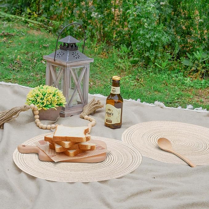 Noctiflorous 15 Inch Round Placemats Set of 6 Durable Braided Woven Heat Resistant Table Mats for Indoor Outdoor Non Slip Dining Table Place Mats(Beige, 6)
