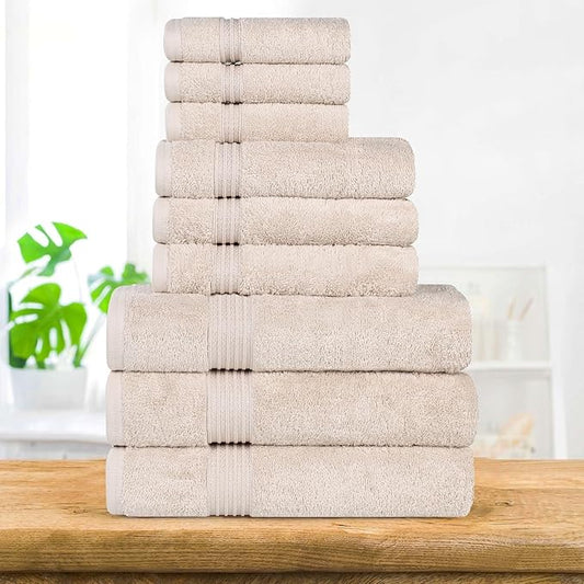 Superior Egyptian Cotton 9-Piece Towel Set, Assorted Towels for Home Bathroom, Master, Guest Bath, Decor Essentials, Includes 3 Bath, 3 Hand, 3 Face Towels/Washcloths, Quick Dry, Absorbent, Stone