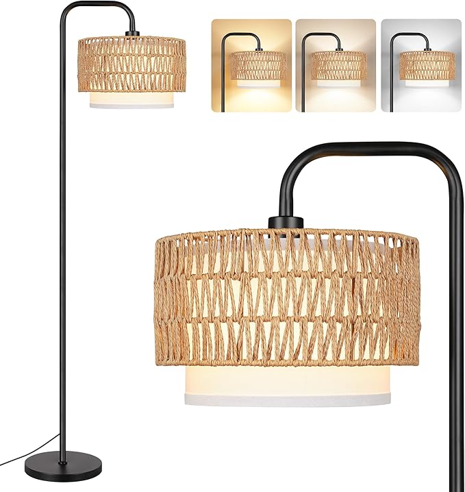 PARTPHONER 68‘’Floor Lamp for Living Room with 3 Color Temperatures, Farmhouse Standing Lamp with Remote & Dimmable Bulb, Boho Lamp Rattan & Fabric Shades, Black