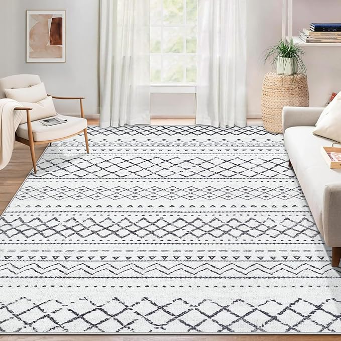 Area Rug for Living Room 6x9: Large Washable Boho Moroccan Rugs Geometric Neutral Rug, Non-Slip Foldable Morden Farmhouse Indoor Floor Carpet for Bedroom Dining Table Home(Black,6'X9')
