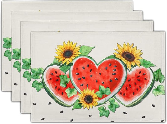 Summer Watermelon Placemat Set of 4，Sunflowers Table Mats Non Slip Heat-Resistant Washable Table Place Mats for Kitchen Dining Table Home Decoration 12 x 18 Inch