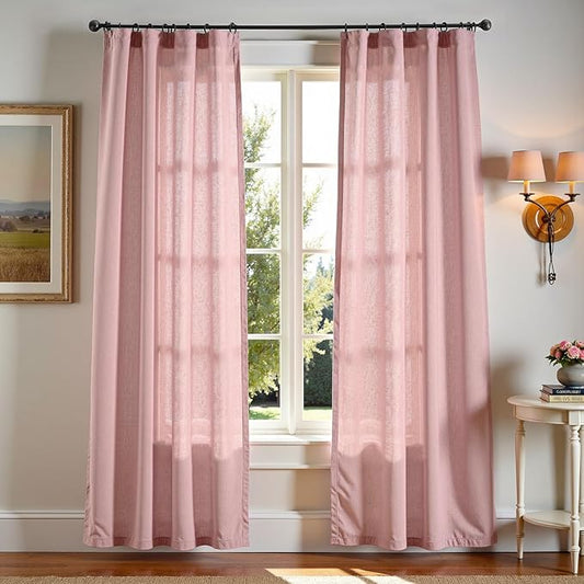 jinchan Pink Linen Blend Curtains 90 inch Length 2 Panels for Bedroom Living Room, Light Filtering 50 inch Wide Farmhouse Drapes with Rod Pocket Back Tab(50W x 90L, Pink)