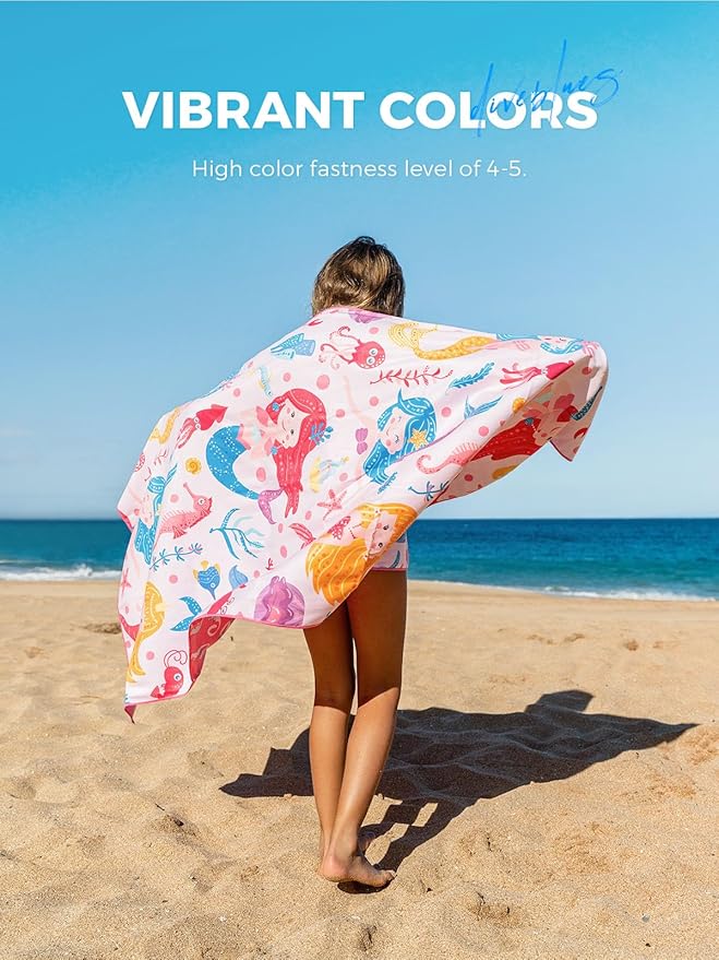 Kids Beach Towel 60''x30'', Quick Dry, Sand Free, Compact, Lightweight, Absorbent, Girls & Boys Large Microfiber Towels for Pool, Swim, Cruise Essentials, Mermaid