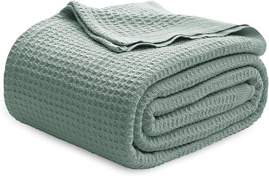 Bedsure 100% Cotton Blanket Queen Size for Bed - Breathable and Soft, Waffle Weave Blanket for Summer Spring, Sage Green, 90x90 Inches