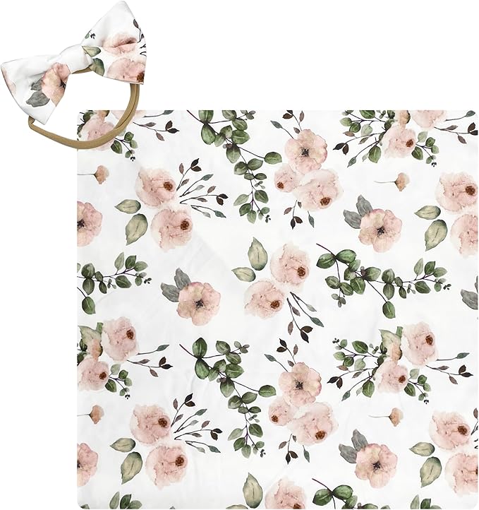 Newborn Baby Girl Swaddle and Headband Sets Receiving Blanket Stretchy Knit Swaddle Set(Green Leaf and Pink Floral)