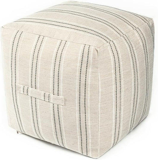 AELS Unstuffed Farmhouse Pouf Cover for Living Room, Boho Storage Bean Bag Cubes, Beige with Gray Stitch Yarn Dyed Stripe Linen Square Ottoman Pouf Foot Rest Footstool, 18"x18"x18", Cover ONLY