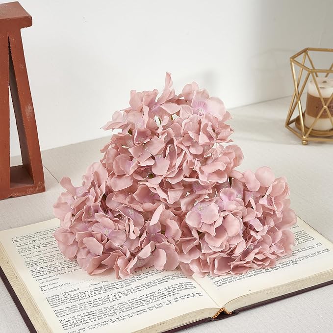 Dusty Rose Pink Artificial Hydrangea Flowers Heads 10 Fake Hydrangea Silk Flowers for Wedding Centerpieces Bouquets DIY Floral Decor Home Decoration with Stems(VASE NOT Included)