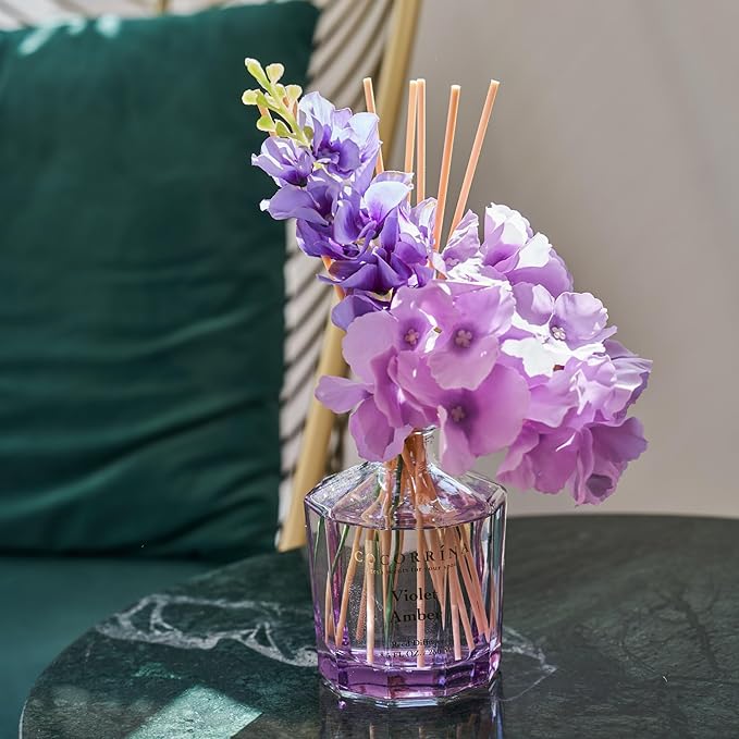 COCORRÍNA Reed Diffuser - Violet Amber 8.5oz Flower Reed Diffuser Set with 8 Sticks, Home Fragrance Reed Diffuser for Home Bedroom Office Bathroom Shelf Decor (Master Collection)