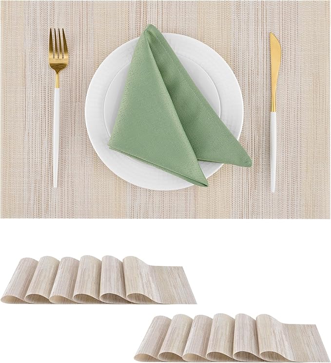 Leetaltree Lightsteel Beige with Yellow Placemats Set of 12 - Heat Resistant Non-Slip Place mats for Dining Table, Washable Durable PVC Vinyl Woven Table Mats (Lightsteel Beige with Yellow, 12)