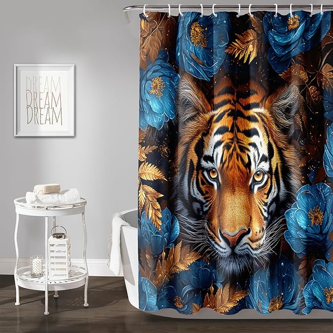 AILONEN Tiger Shower Curtains for Kids Boys,Blue Flower Tiger Bath Curtains,Wild Animal Curtains Polyester Waterproof,72" W*78" H with 12 Plastic Hooks