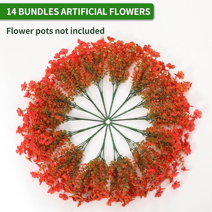 14 Bunch Outdoor Artificial Flowers with Plastic Plants Eucalyptus Faux Flowers, Outdoor Front Porch Hanging Planter Window Frame Garden Decor (Autumn Style)