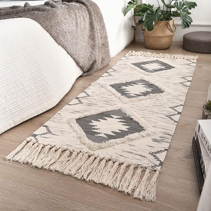 Boho Runner Rug 2'x4.3', Washable Hallway Rug Runner Non Slip Rubber Backed, Kitchen Farmhouse Area Rug Floor Mat with Tassels, Tufted Woven Cotton Entryway Carpet, Grey