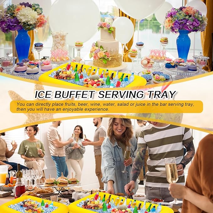 Leitee 4 Pcs Inflatable Ice Serving Bars Buffet Serving Tray Drink Cooler for Pool Party Inflatable Ice Tray Floating Food Drink Containers with Drain Plug and a Hand Pump, 2 Sizes (Yellow)