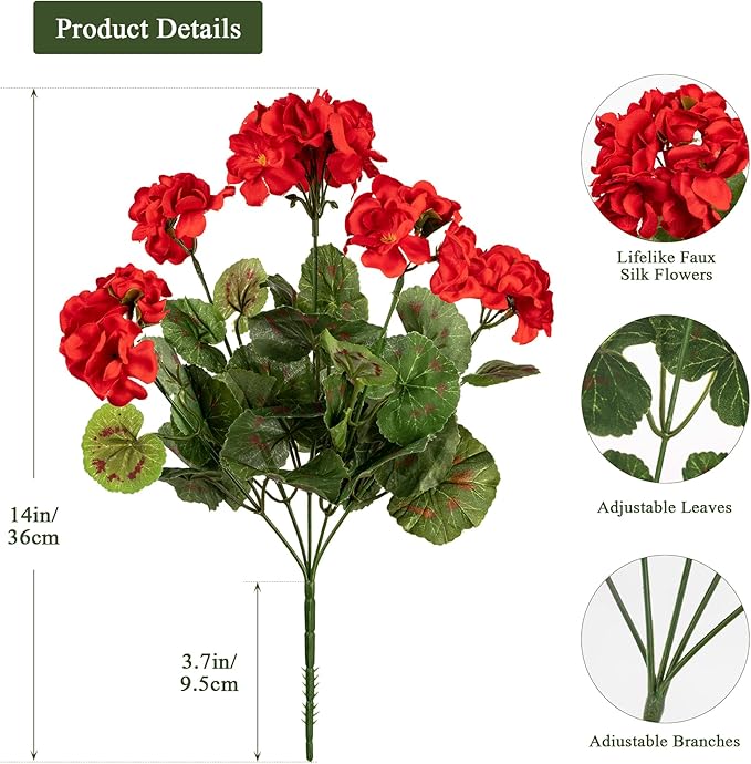 Plastic Flowers for Outdoors Home Decor Fake Plants Artificial Flowers Artificial Geraniums Outdoor Fake Flowers Silk Bouquet, Fall Decor for Interior Porch Garden Decor(Red) 8PCS 14.4"