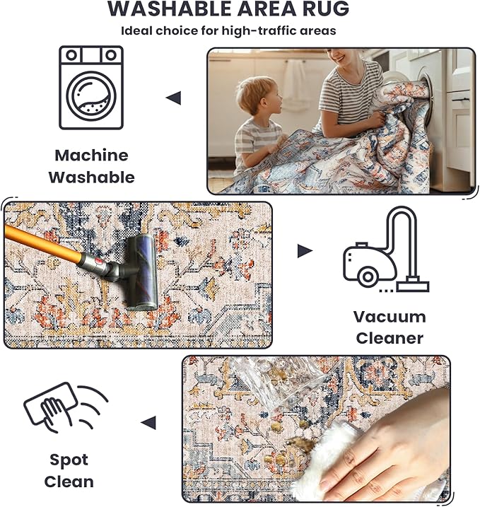 Area Rugs for Living Room - 9x12 Area Rugs, Machine Washable Rugs 9x12, Non-Slip, Stain Resistant Soft Boho Vintage Large Carpet Low Pile Thin Rugs for Living Room Bedroom