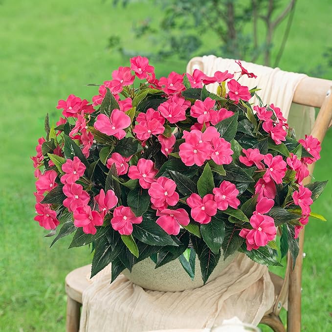 Spring Decorations for Home Flowers Fake Plants Fake Flowers Artificial Impatiens Bouquet Flowers for Outdoors Silk Faux Flowers Impatiens Plants Decor Indoor Planters 15.7" (Rose Red) 8PCS