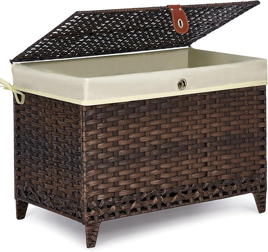 Wicker Storage Basket with Lid,Rattan Shelf Basket with Removable Liner Bag,200L Storage Bin,Storage Trunk with Heightened Feet,Storage Container for Wardrobe,Home Organizer