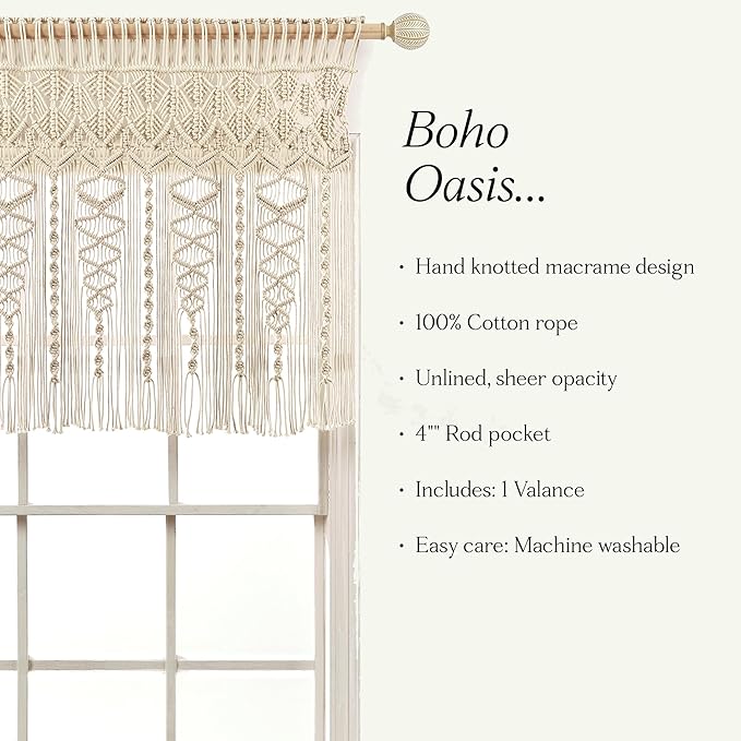 Lush Decor Boho Macrame Textured Cotton Valance, 40" W x 30" L, Neutral - Boho Kitchen Curtains & Wall Decor - Macrame Valance - Bathroom Window Curtains
