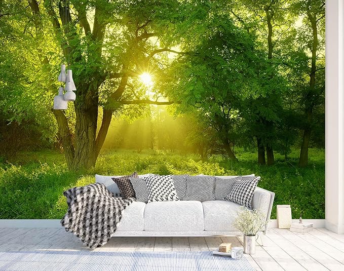 Green Sunshine Forest Wallpaper Nature Mural for Bedroom (Not Peel and Stick)