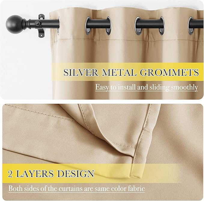 NICETOWN Thermal Insulated 100% Blackout Curtains, Noise Reducing Performance Drapes with Lining, Full Light Blocking Drapery Panels for Patio (Biscotti Beige, 1 Pair, 52 inches x 95 inches)