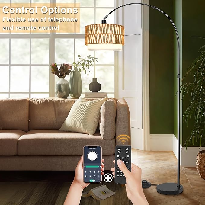 Rattan Floor Lamp for Living Room Arc Boho Floor Lamp with Rattan & Linen Double Shades Adjustable Tall Wicker Lamps with 3 Color Temperatures for Bedroom Office Reading,Black