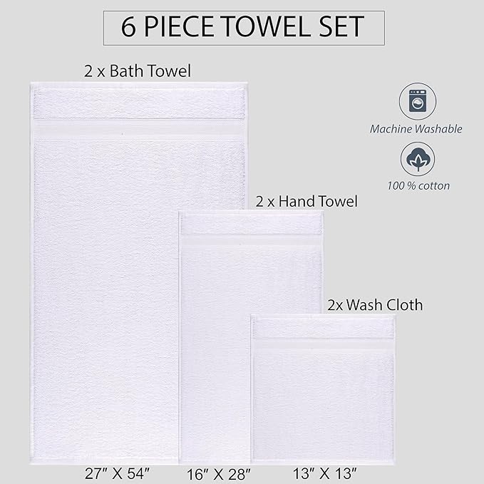 Quick-Dry, Soft & High Absorbent Bath Towels Cotton Turkish Bath Towel Set of 6 | Daily Use 100% Cotton Towels for Bathroom, Gym & More | Bathroom Towels Set (6 Pcs, White)