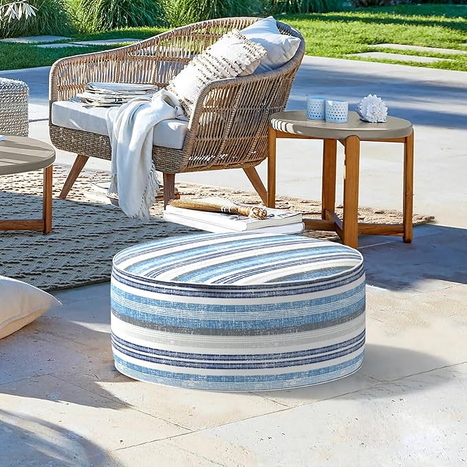 LVTXIII Inflatable Stool Ottoman Footrest with Handle, Decorative Fade-Resistant Foot Stool, Indoor or Outdoor Pouf for Home Garden and Camping Use, D21 x W 21 x H9, Stripe Layered Blue